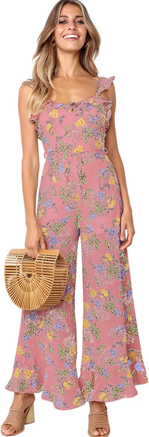 Longwu Women's Casual Flower Frinted Jumpsuit Wide Leg Overall Bandage Falbala Rompers with Belt