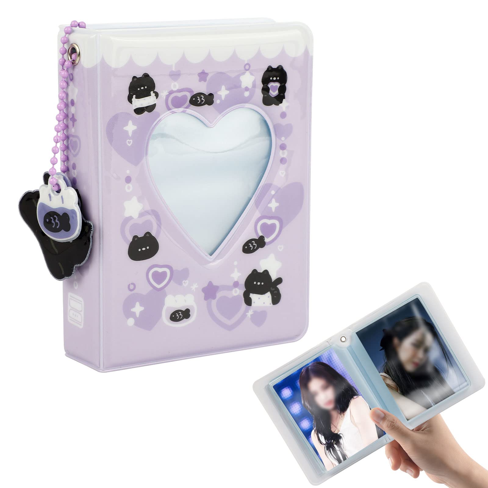 40 Pockets Photo Binder Album, Kpop Mini Photocard Holder Book with Lovely Pendant, Heart Hollow Cute Squirrel or Cat Pattern for Photo Picture Collection (Purple)