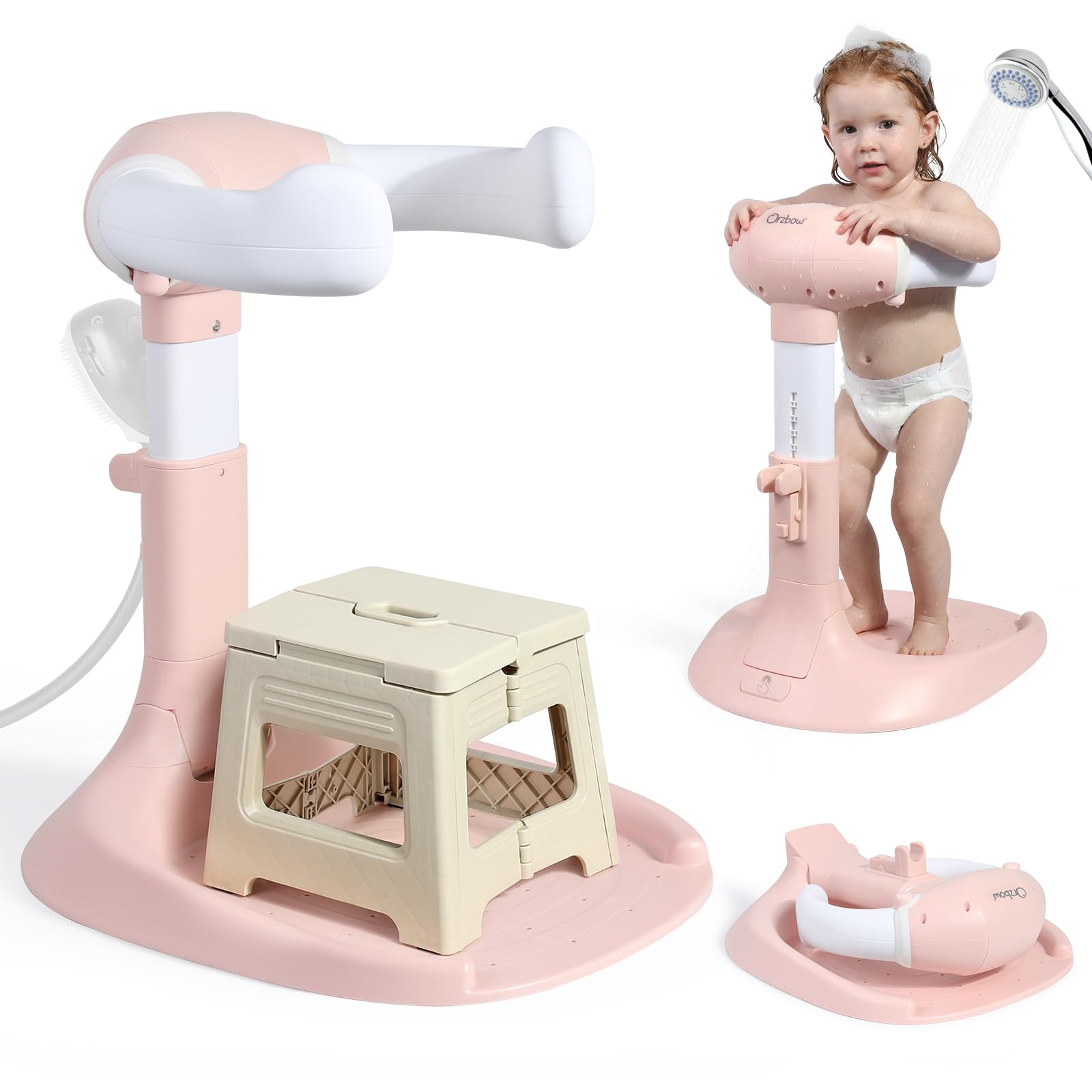 Photo 1 of Orzbow Baby Shower Stand, Collapsible Baby Bath Stand with Foldable Chair, Adjustable Height Toddler Shower Standing Support for Infant 6-36 Months, Anti-Slip Base, Easy-Use, Pink