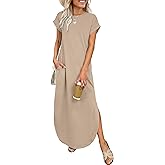 ANRABESS Womens Summer Maxi Dress 2026 Casual Short Sleeve Loose Split Wrinkle-Free Beach Vacation Long Sundress with Pockets