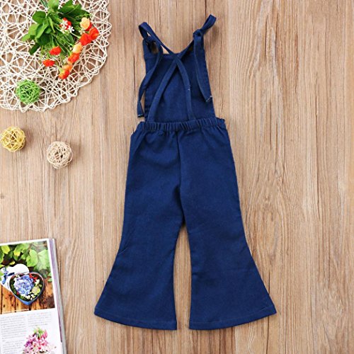 Minisoya Fashion Toddler Kids Baby Girl Backless Denim Jumpsuit Suspenders Overall Romper Bell-Bottom Flare Trousers (Blue, 5T)