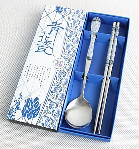Stainless Steel Chopsticks Fork Spoon Tableware Set 2 Pcs (2 Pcs Blue and white porcelain)