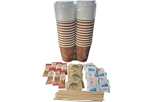 24-12 oz Brown Ripple Coffee Cups & Lids Double Wall - Coffee Creamer Bundle - White Sugar Packets, Raw Sugar Pack, Wood Stic
