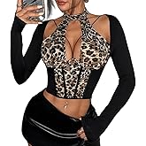 Women's Mesh Long Sleeve Top Floral Print Elegant Bustier Tops Hollow Out T-Shirt Blouse