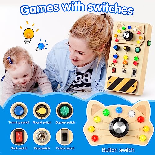 POLKRANE Toddler Montessori Travel Toys Wooden Busy Board with LED