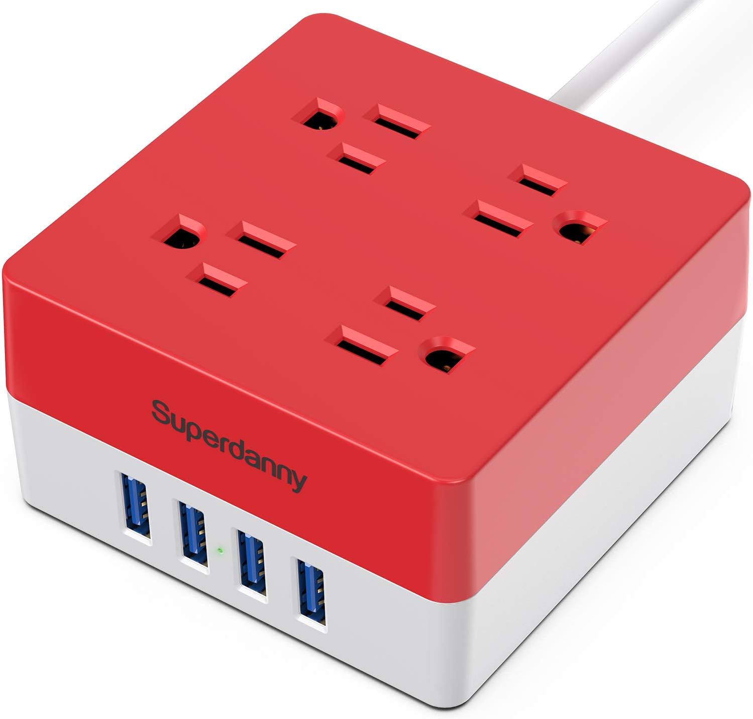 USB Power Strip Surge Protector - SUPERDANNY 9.8ft Desktop Extension Cord with 4 Widely Spaced Outlets & 4 Smart USB Ports (5V/4.8A), Portable Charging Station for Home, Office, Hotel, Dorm, RV, Red