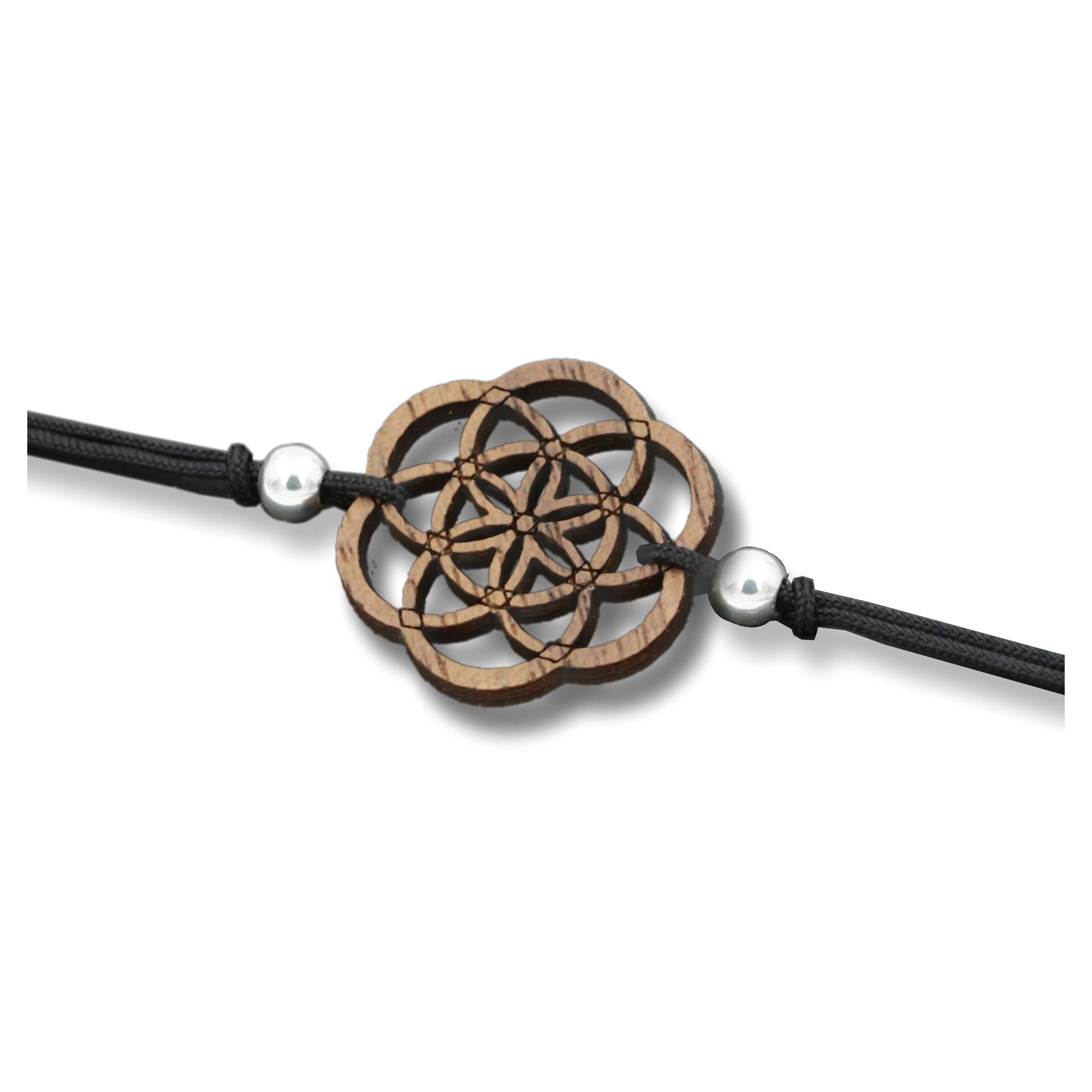 Eydl Wood Jewelry Wooden Bracelet, Seed of Life, Made of nutwood. Size Adjustable, in Black. Handcrafted in Austria.