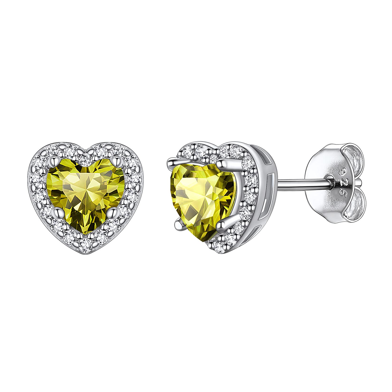 925 Sterling Silver Heart Brilliant Cut Cubic Zirconia CZ Halo Stud Earrings for Women Girls Tiny Cute Comfy Created Peridot August Birthstone Hypoallergenic Wedding Bridesmaid Earrings