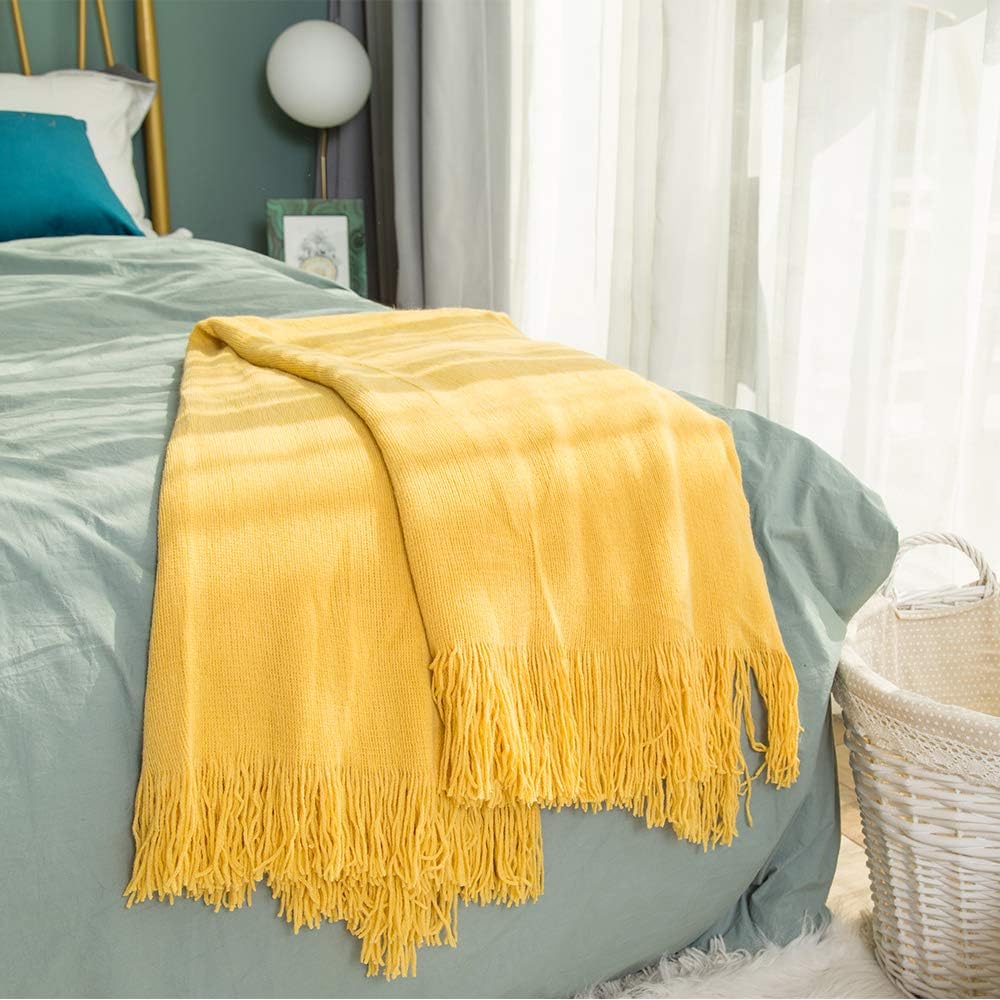 INSHERE Solid Gold Yellow Color Knitted Throw Blanket with Tassels Fringe Soft Cozy Comfy Warm Lightweight Fall Home Decor for Couch Chair Sofa Bedroom Living Room 51''x67'': Kitchen & Dining