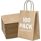 Gift Bags 8.25"X5.9 "X3.15" 100pcs Brown Kraft Paper Bag with Handles for Small Business Christmas Bulk, Wedding, Party Favor, Shopping, Lunch, Halloween Trick-or-Treat Bags