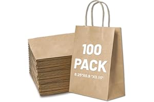 LIHOMR Gift Bags 8.25"X5.9 "X3.15" 100pcs Brown Kraft Paper Bag with Handles for Small Business Christmas Bulk, Wedding, Party Favor, Shopping, Lunch, Halloween Trick-or-Treat Bags