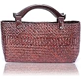 QTKJ Hand-woven Large Retro Straw Handbag Bag Summer Beach Boho Rattan Tote Travel Bag with Wooden Top Handle (Red)