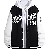 GORGLITTER Men's Letter Graphic Color Block Baseball Jacket Button Front Long Sleeve Bomber Jackets