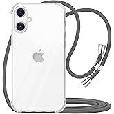 YESPURE Crossbody Phone Case for iPhone 16 Clear Cover with Adjustable Lanyard Neck Strap for Women Soft TPU Bumper Case Shockproof Anti-Scratch Slim Strap Case for iPhone 16 - Gray