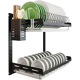 junyuan Kitchen Dish Rack,Hanging Dish Drying Rack Organizer Storage Shelf Over Sink,2 Tier Wall Mount Bowl Holder with Drain Tray and Silverware Stainless Steel Black Coating Ajustable Height