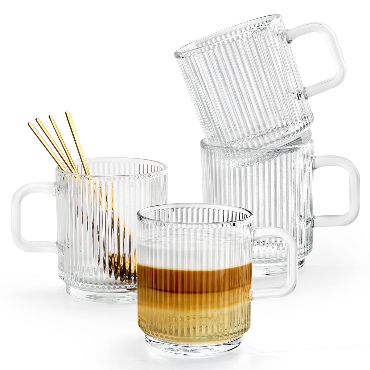 Gutsdoor Clear Glass Coffee Cup Set of 4, 12 Ounces Classical Vertical Stripes Glass Tea Cup with Spoon for Latte, Espresso, Cappuccino, Tea