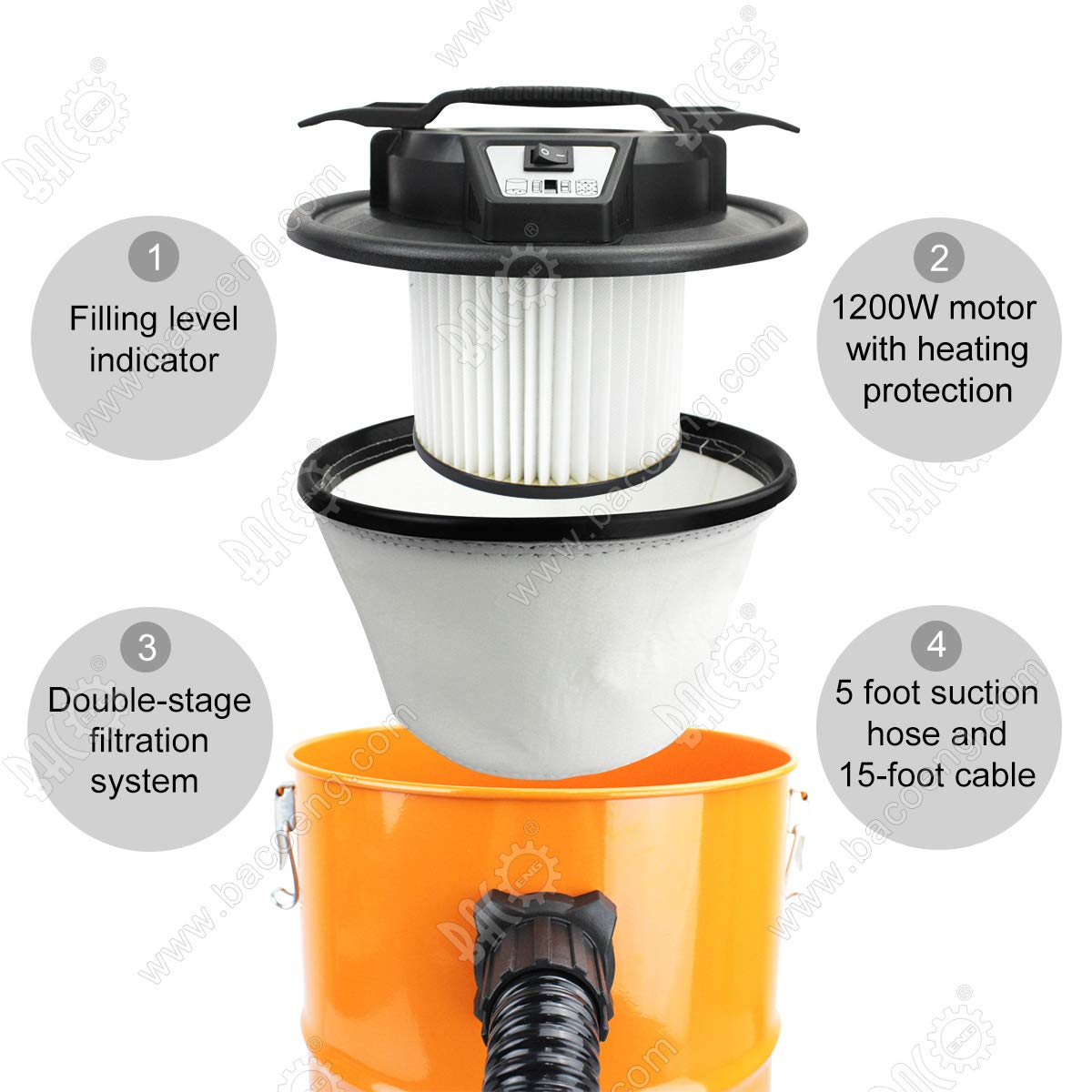 Utensili elettrici 230V 20L BACOENG Aspiracenere con Sistema di filtraggio  a due fasi 1200W farmaki.gr