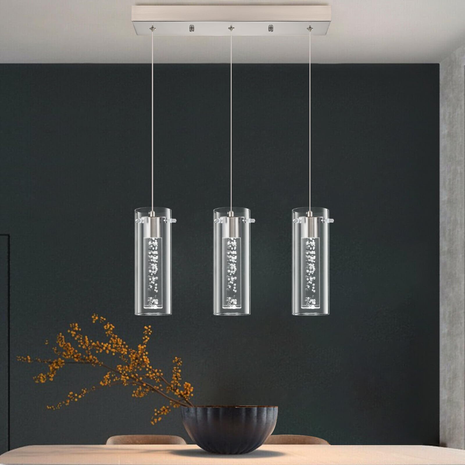 Photo 1 of PNOUKF Modern Glass Cylinder Pendant Light with LED Bubble Acrylic, Integrated LED Dining Room Light Fixture Linear Chandelier, 3-Light, Brushed Nickel, 6000K 20W