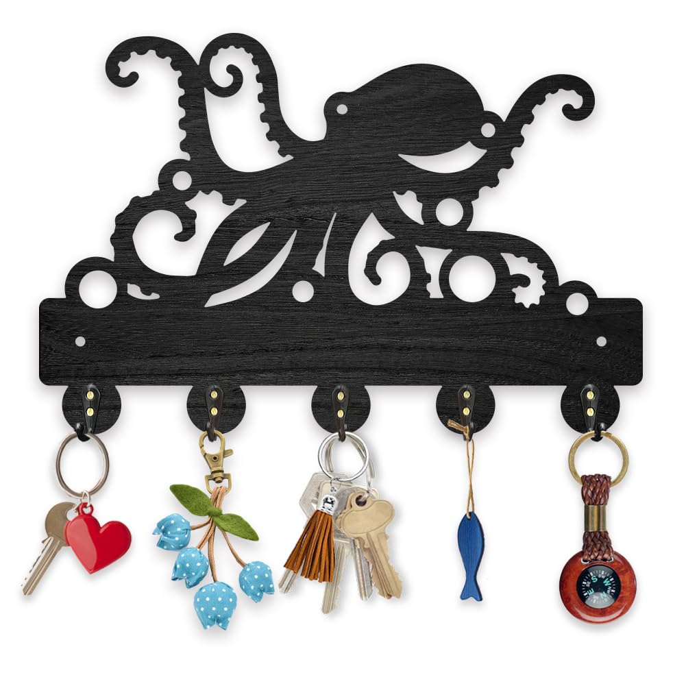 MAYJOYDIY Wooden Octopus Wall Mount Key Holder, Black Black Key Rack, 30x20cm, 5 Alloy Hooks, Decorative Sea Life Design, Wall-Mounted Storage Hook for Entryway, Living Room, Kitchen, Office