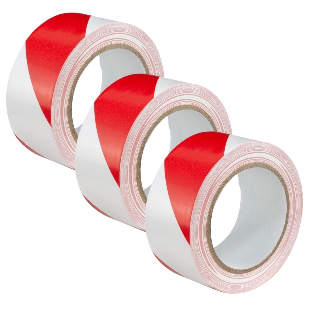 GTSE Hazard Tape Red and White, 50mm (2") x 33m, Strong Adhesive Warning/Caution Tape, Floor Marking Tape, 3 Rolls