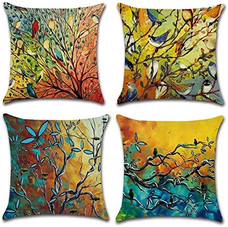 Homyall Oil Painting Cushion Covers Square Decorative Pillow Covers Cotton Linen Throw Pillow Covers Set of 4 Cushion Covers 18x18 inch, 4 Packs (Forest Bird)