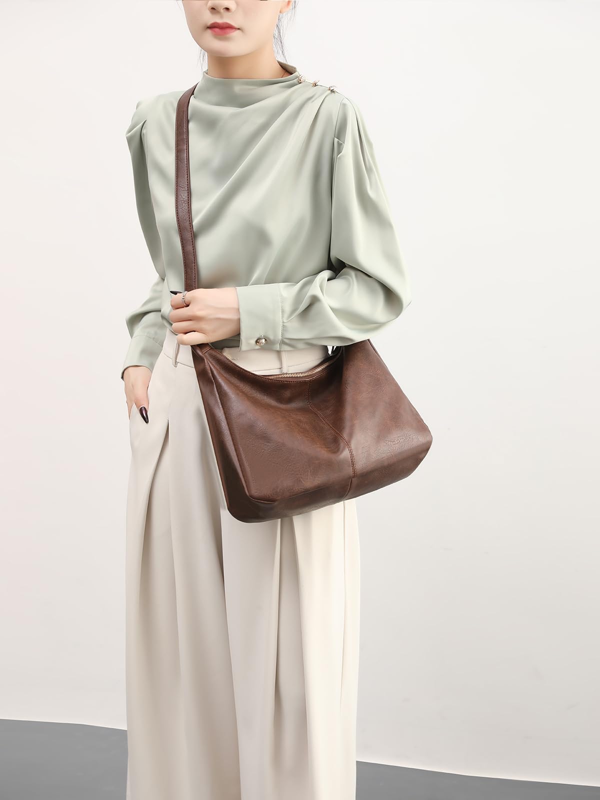 NIUEIMEE ZHOU Hobo Bags for Women Foldable Vegan Leather Shoulder Handbag Slouchy Tote Crossbody Purses