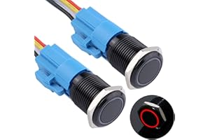 DMWD 2PCS 16MM Momentary Push Button Switch 12V-24V Ring LED 1NO 1NC Waterproof (ON)-Off Black Metal Shell Button Self Reset with Wire Socket Plug for 5/8" Mounting Hole(IP66,Red Light)