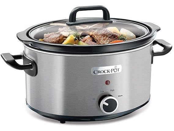 QSM Slow Cooker 3.5 Liter.Warmfunktion.Mit Rezeptheftchen.Spülmaschinenfest Deckel.Edelstahl.Reis Kocher,Silber,A