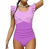 FoWear Girls Swimsuit One Piece Ruffle Trim Swimwear Criss Cross Girls Bathing Suit for 6-14 Years