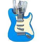 TIME&amp;TRAVE 3D Printed Electric Guitar Pen Holder, Blue and White Rock &amp; Roll Desk Organizer with Silver Bridge and Pickups, Novelty Pencil Cup for Office Home Music Lovers (3.7" x 4.7" x 2.1")