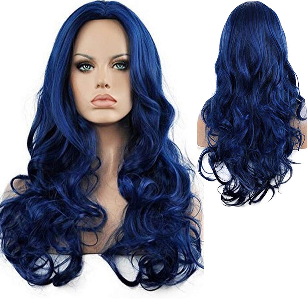 Photo 1 of Kaneles Blue Wigs for Women Long Curly Wavy Soft Heat Resistant Synthetic Fiber Party Cosplay Accessories Wigs(Blue)