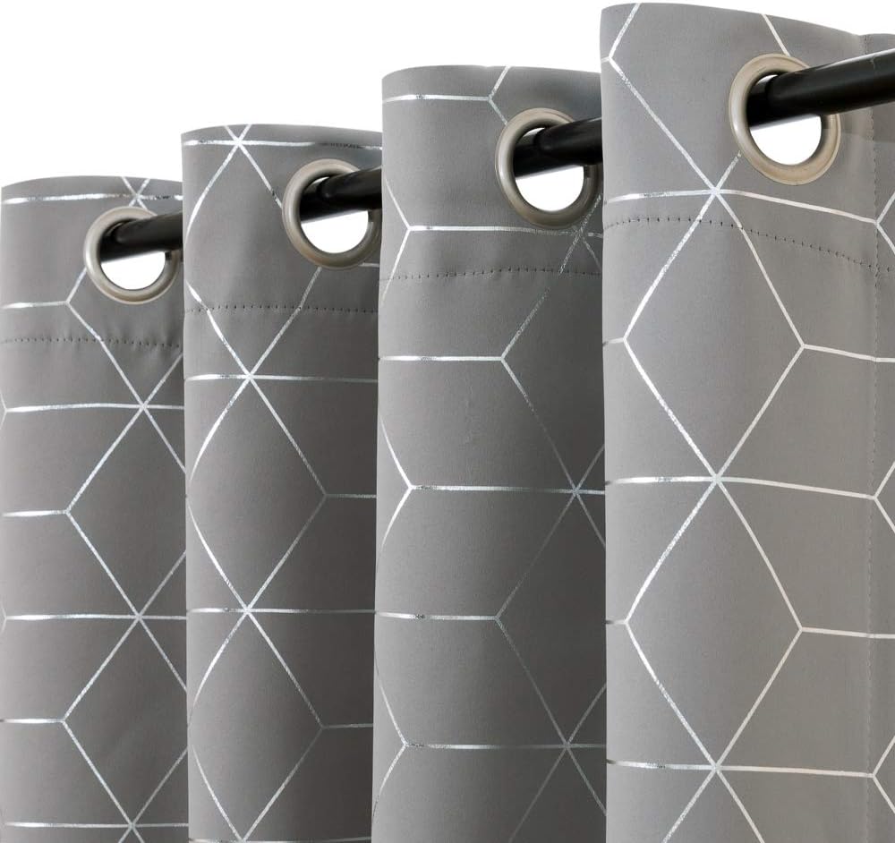 jinchan Silver Solid Diamond Foil Print Grommet Top Blackout Curtain Grey Soft Sturdy Thermal Insulated Blackout Shades for Teens Kid’s Room Bedroom Living Room Nursery 84 Inches Length 2 Panels