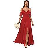 Rjer Off The Shoulder Chiffon Bridesmaid Dress with Slit A Line Pleated Formal Evening Dress Long for Women
