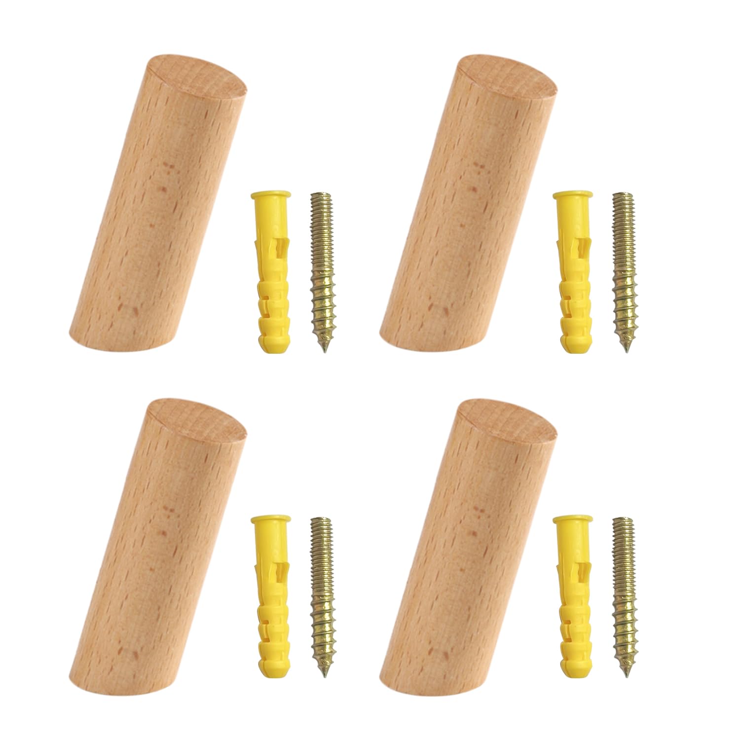 USHXVG Pack of 4 Beveled Wooden Hooks, Door Hooks, Wall Coat Racks, Wall Decor Hooks, Cylindrical Single Hooks, Suitable for Kitchens and Bathrooms