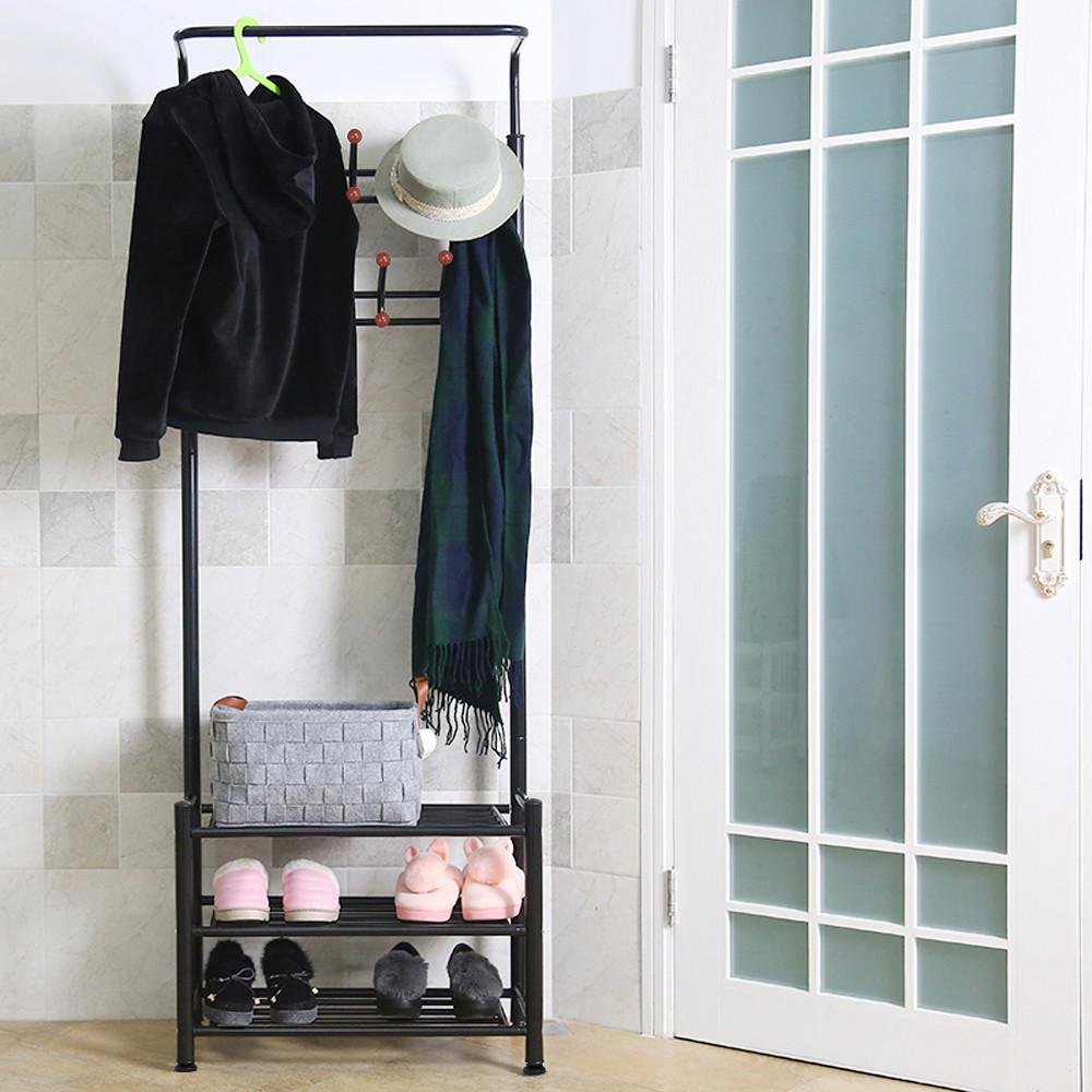 Yaheetech Metal Multi-purpose Garment Rack Coat Clothes Stand 3-Tier Shoes Rack Umbrella Stand With Hanging Hooks Black