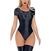 Ausing Women Glossy Short Sleeve Bodysuit Oil Shiny Leotard High Cut Jumpsuit Yoga Fitness Clubwear S-L