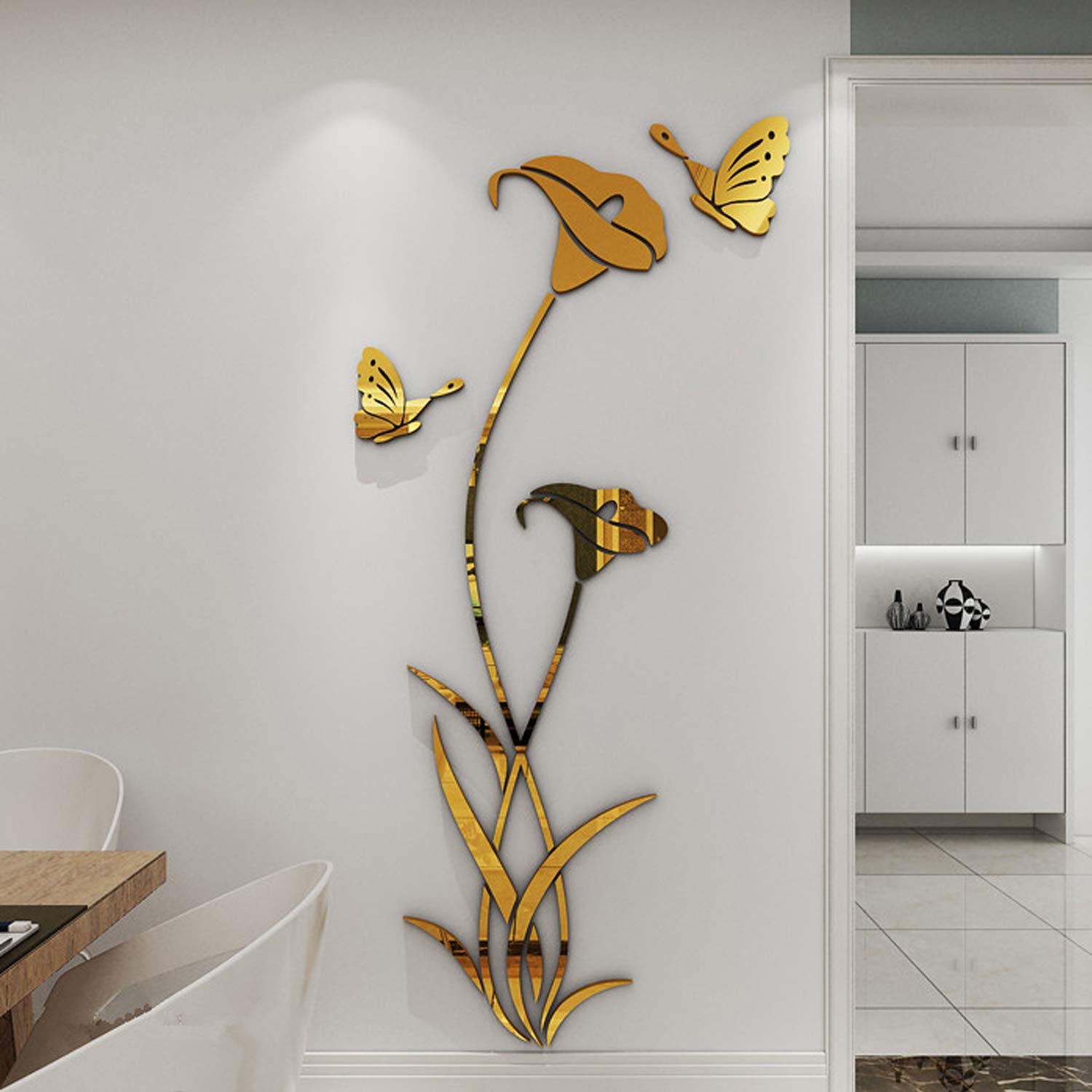 YINASI 3D DIY Flower Shape Crystal Acrylic Wall Stickers& Murals for Entranceway, Living Bedroom Dining Room Décor Home Decoration(Gold)