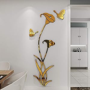 YINASI 3D DIY Flower Shape Crystal Acrylic Wall Stickers& Murals for Entranceway, Living Bedroom Dining Room Décor Home Decoration(Gold)