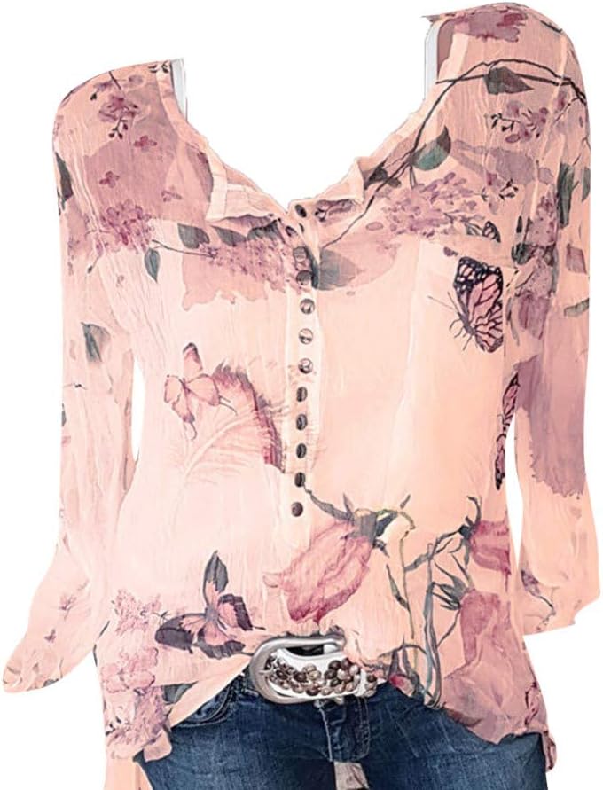 Seaintheson Sexy Women's Tops, Women Casual Chiffon Irregular Hem Top Floral Printed Button T-Shirt Blouse Tee