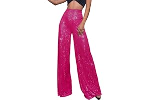 GOKKILRW Sequin Pant for Women Sparkly Glitter High Waist Wide Leg Slacks 70s Disco Party Night Club Trouser Shinny Buttoms