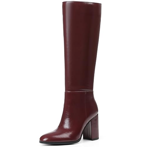 Oiamenne Burgundy Boots for Women Knee High Round Toe Chunky Heeled Tall Boots with Side Zipper Fashion Wide Calf Boots, Size 8
