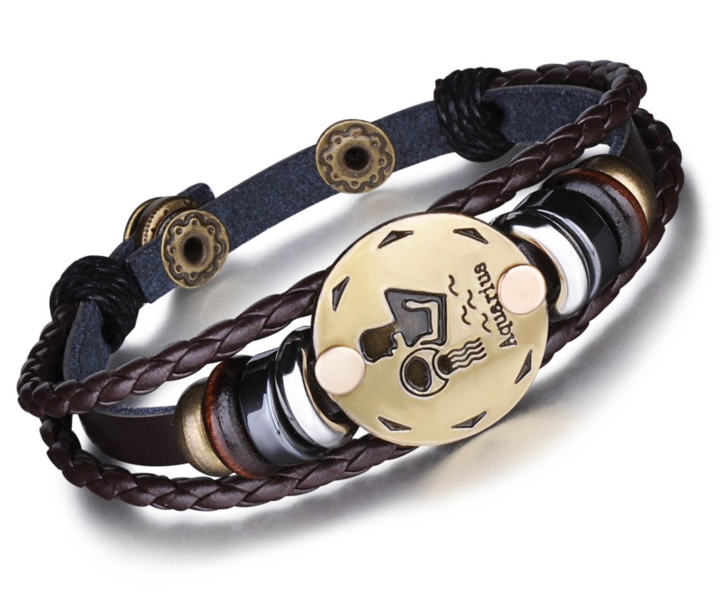 Infinite U Retro Punk Mens Womens 12 Constellation Zodiac Sign Bracelet Braided Leather Alloy Charm Bracelet Multilayer Wristband Bangle