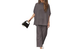 SeeLuNa Women's Two Piece Outfits 3/4 Batwing Sleeve Capelet Crew Neck Pullover Top Wide Leg Pants Lounge Set
