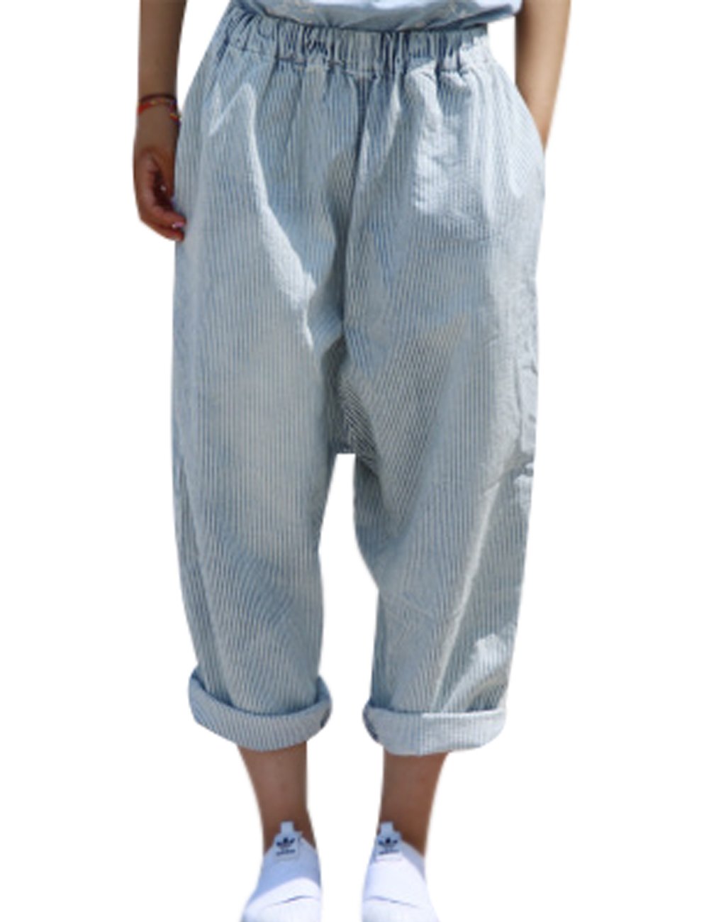 Youlee Women's Elastic Waist Wide Leg Trousers Striped Jeans Blue