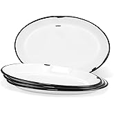 Red Co. Set of 4 Enamelware Metal Classic 13” Serving Oval Tray Platter, Distressed White/Black Rim