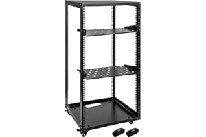Eastrexon 20U Server Rack, Network Rack w/Two Rack Shelves & Swivel Casters, Open Frame AV Rack w/Top & Bottom Panels for Stereo/Computer/Data/IT Equipment (19.6”L x 18.7”W x 39.4”H)