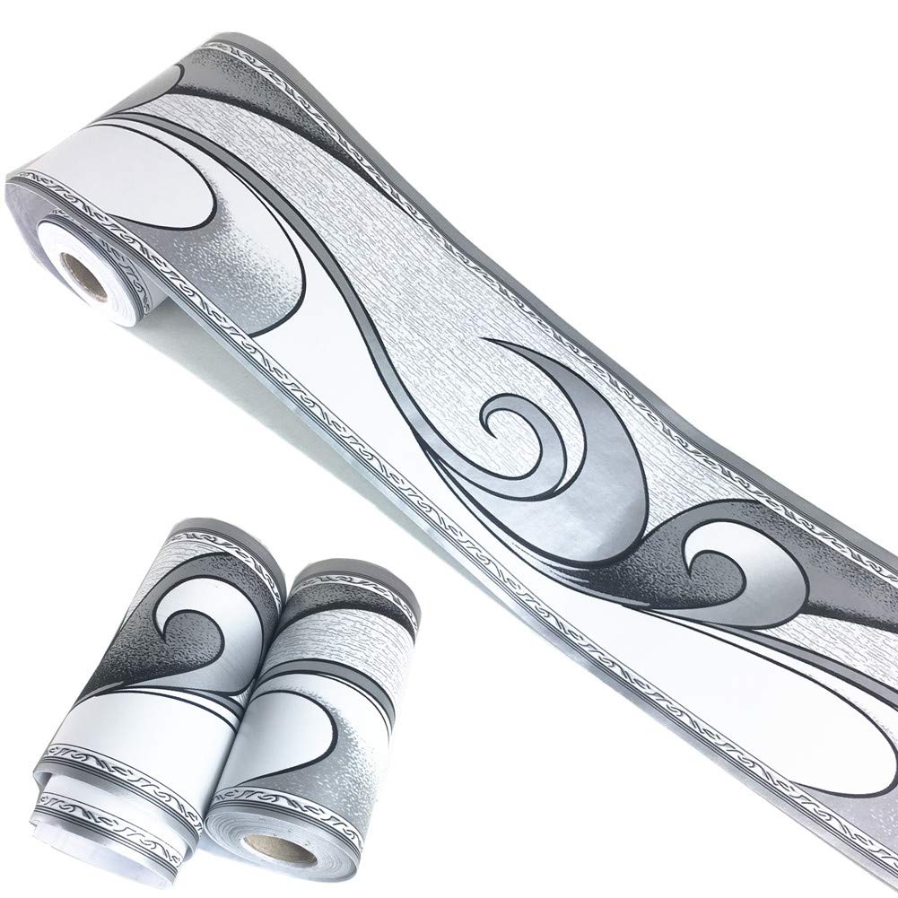 Meboem 10M Royal Siver Grey Wave Patten Wallpaper Border Peel Stick Wall Decorative Ceiling Sticker Kitchen Bathroom Wall Decor