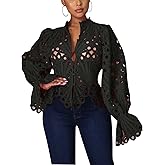 Doweha Women’s Sexy Ruffle Long Sleeve Summer Lace Tops 2025 Puff Flare Shirt V Neck Hollow Out Button Down Tunic Blouses