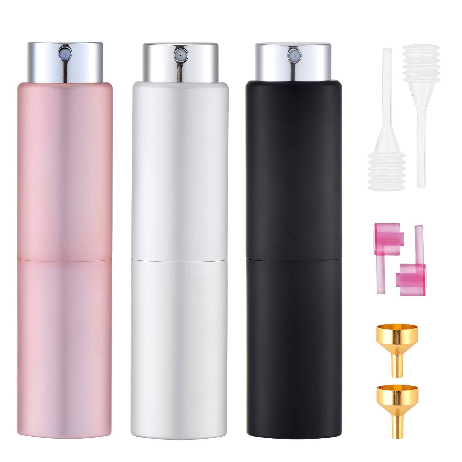 Toureal 20ml Perfume Atomiser for Travel (3 PCS), Refillable Spray Bottles, Aftershave Dispenser (Black, Pink, Silver)