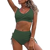 Fanuerg Women's Twist Front High Waisted Bikini Swimsuit Drawstring Tie Side Bottom Two Piece Bathing Suit